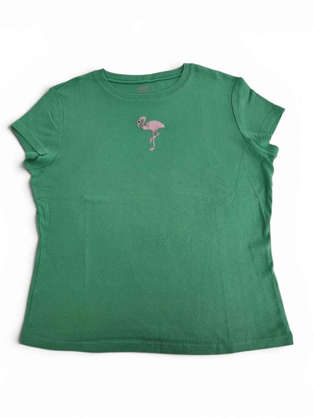 Talbots Green Short Sleeve Tee Embroidered Pink Flamingo Petite Medium